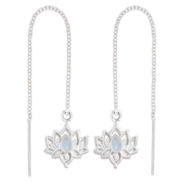 Opulent Lotus Flower Threader Style Moonstone Earrings Gemstone Sterling Silver Earrings Laihas Bohemian Dreaming -L.B.D