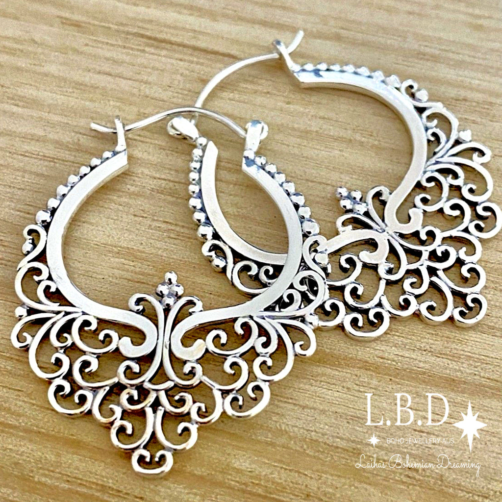 Boho Earrings / sterling silver hoop earrings