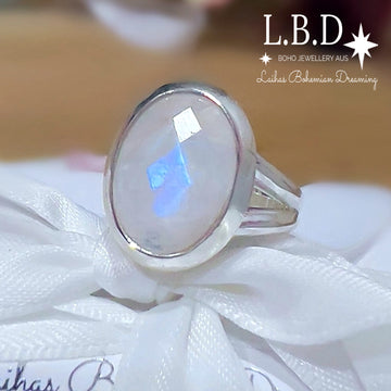 Laihas Iridescent Oval Moonstone Ring Gemstone Sterling Silver Ring Laihas Bohemian Dreaming -L.B.D