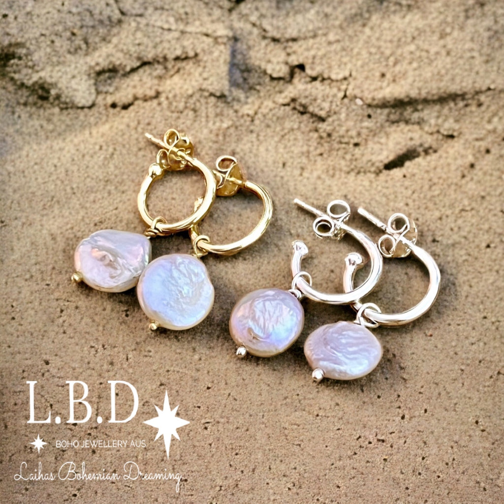 Laihas Classic Drop Button Pearl Hoop Earrings Gemstone Sterling Silver Earrings Laihas Bohemian Dreaming -L.B.D