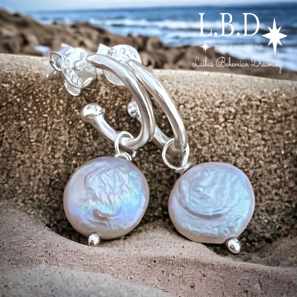 Laihas Classic Drop Button Pearl Hoop Earrings Gemstone Sterling Silver Earrings Laihas Bohemian Dreaming -L.B.D