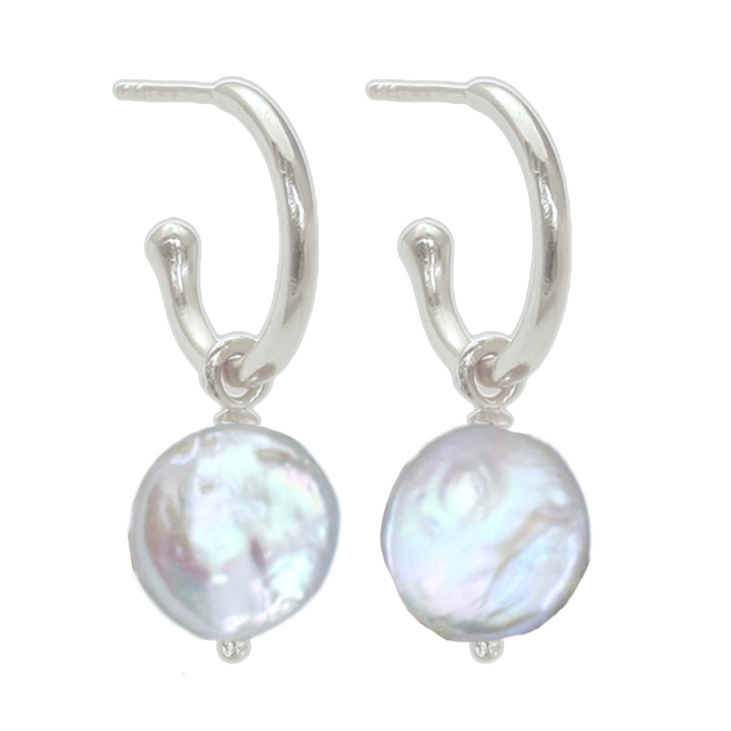 Laihas Classic Drop Button Pearl Hoop Earrings Gemstone Sterling Silver Earrings Laihas Bohemian Dreaming -L.B.D