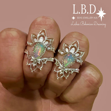 Laihas Daisly Boho Genuine Opal Ring Set Gemstone Sterling Silver Ring Laihas Bohemian Dreaming -L.B.D