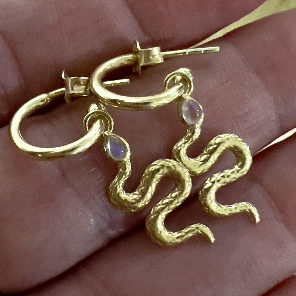 Laihas New Beginnings Gold Moonstone Snake Hoop Earrings.