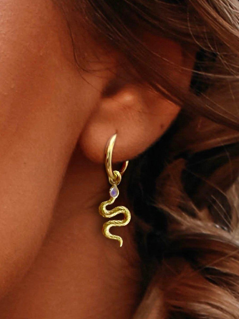 Laihas New Beginnings Gold Moonstone Snake Hoop Earrings.