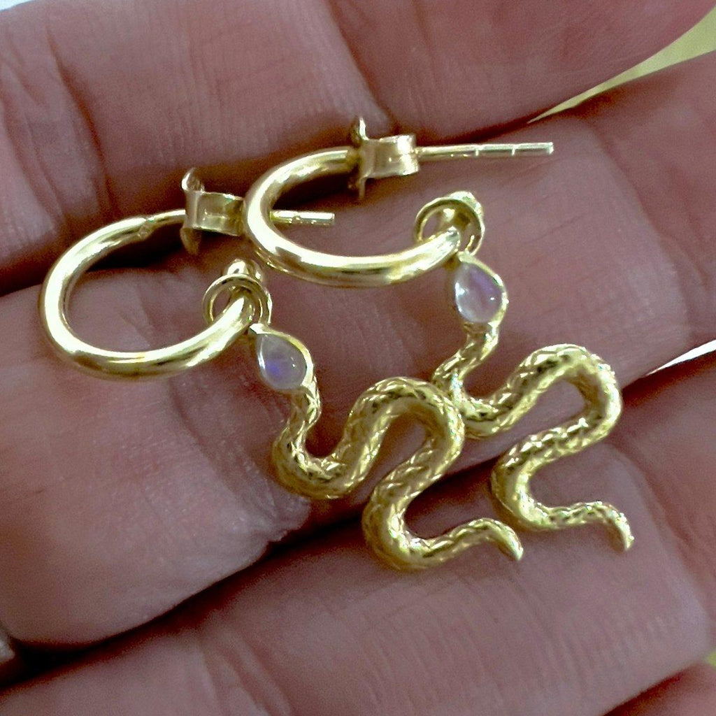 Laihas New Beginnings Gold Moonstone Snake Hoop Earrings.