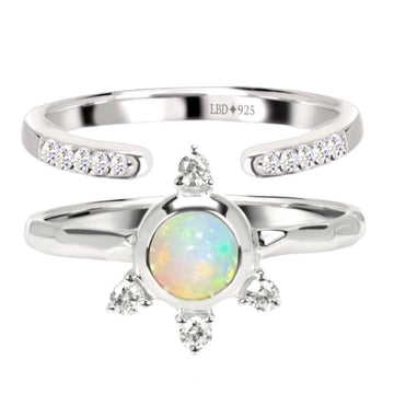 Luxury Solar Burst Genuine Opal & Topaz Ring Set