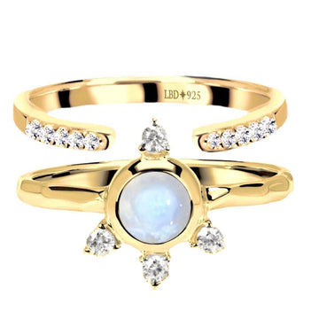 Luxury Solar Burst Moonstone & Topaz Gold Ring Set